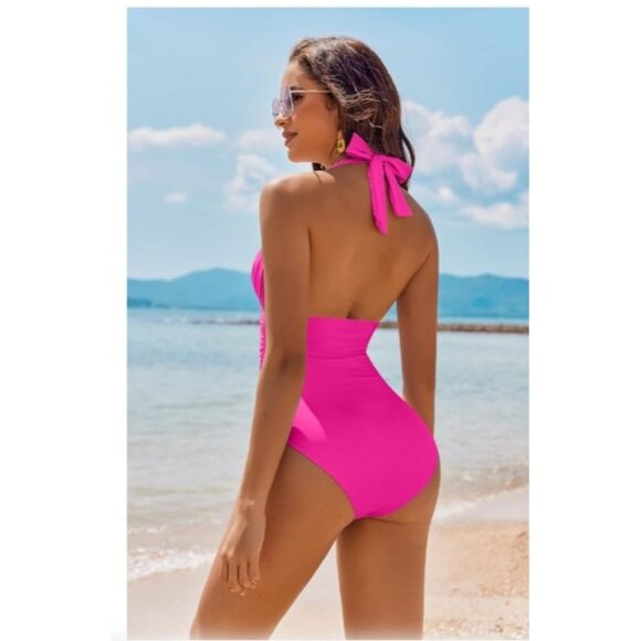 Aimage Womens XL Hot Pink Halter One-Piece Swimsuit Sexy Beach Ruched - Picture 2 of 11